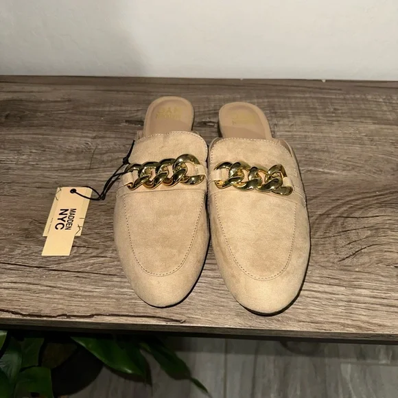 Madden NYC Tan Suede Chain-Trim Slip-On Mules - Picture 2 of 4